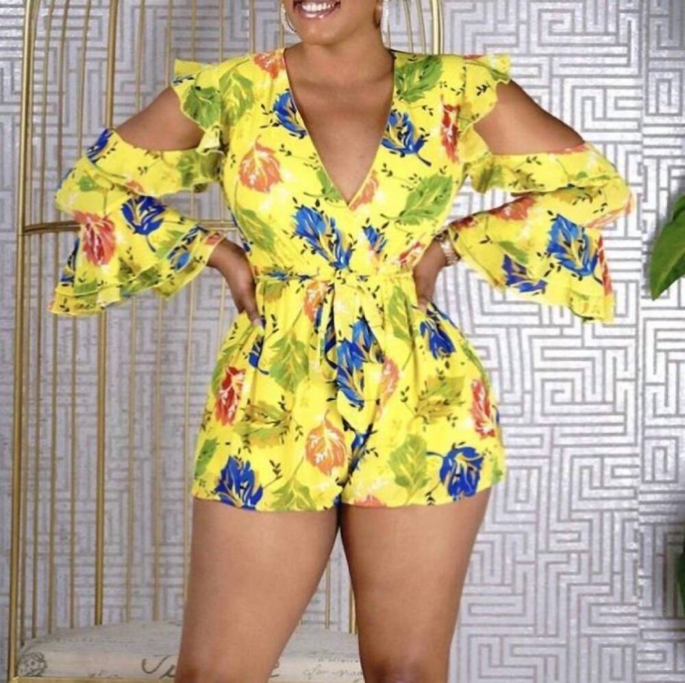 NEW BANJUL v-neck romper in yellow floral print
